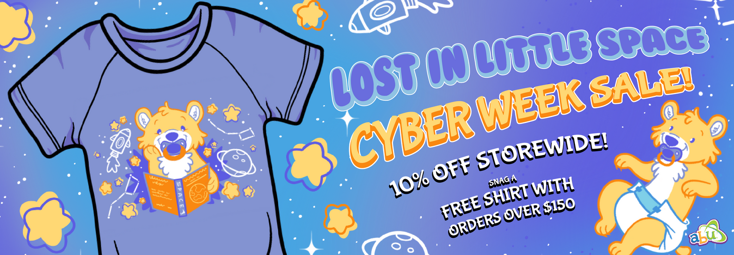 ABU's Cyber Sale 2025 t-shirt with space-themed design on a promotional banner for our cyber sale.